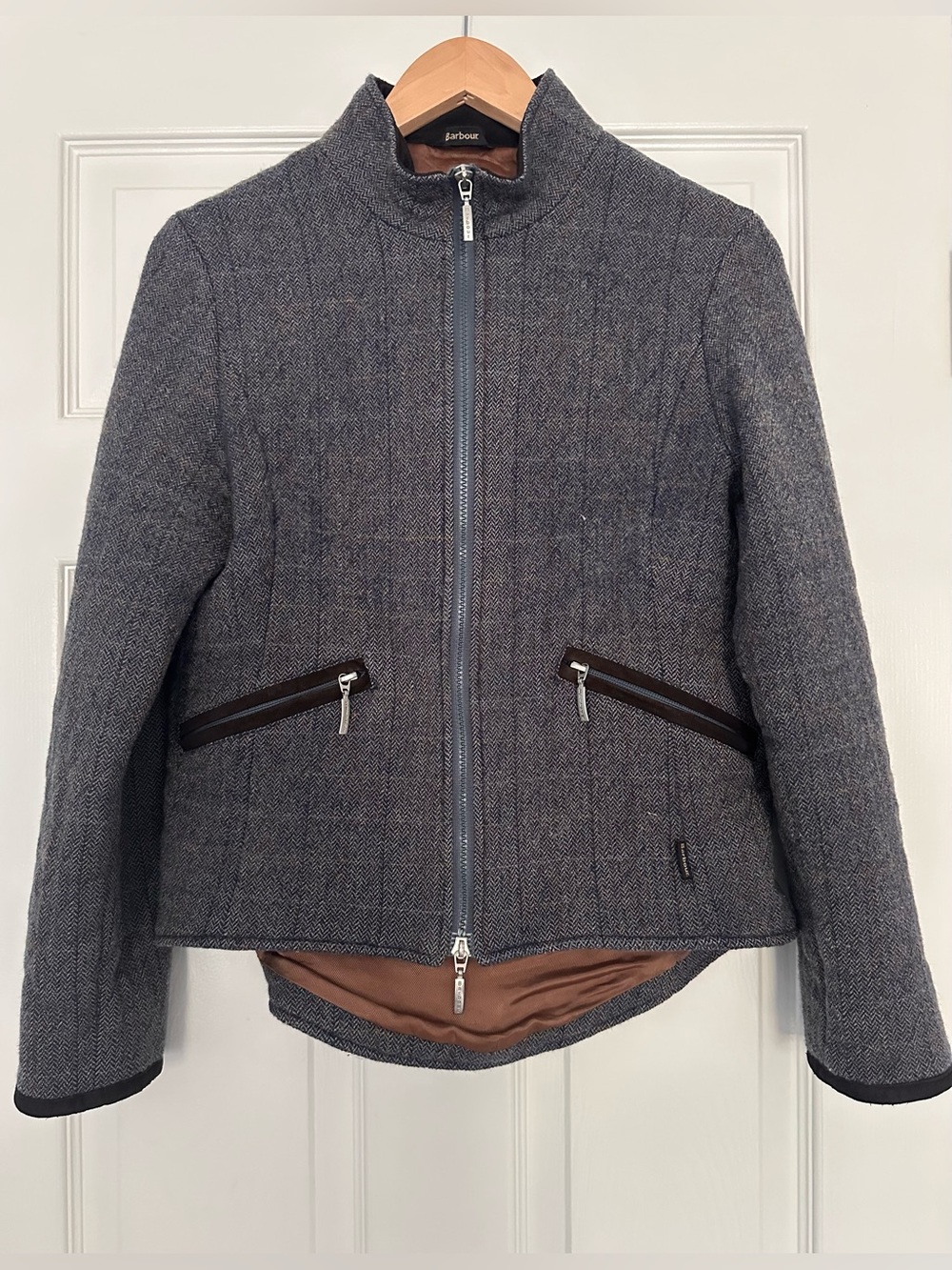 Vintage Barbour Women Grey Tailored Tweed Wool Jacket, Size 6